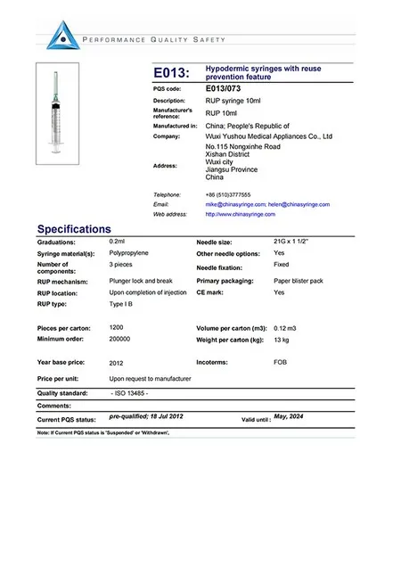 Certificado de calidad de seguridad del rendimiento de la jeringa de desactivación automática de 10ml